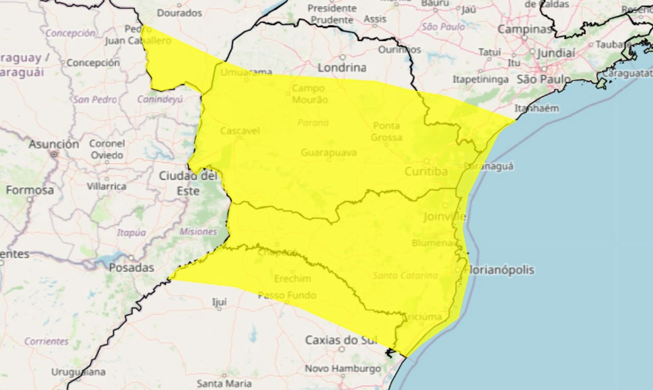 Trata-se de um alerta amarelo para chuvas intensas de até 50 mm/dia em partes do Centro-Oeste, Sudeste e Sul