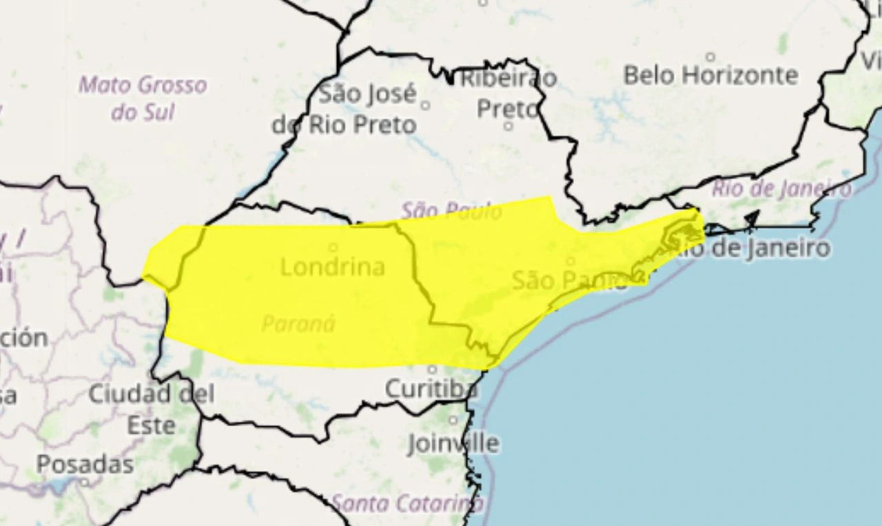 Trata-se de um alerta amarelo para chuvas intensas, ventania e risco de queda de energia em partes das regiões Centro-Oeste, Sudeste e Sul