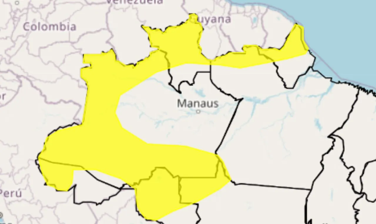 O mapa mostra as áreas em alerta para chuva intensa