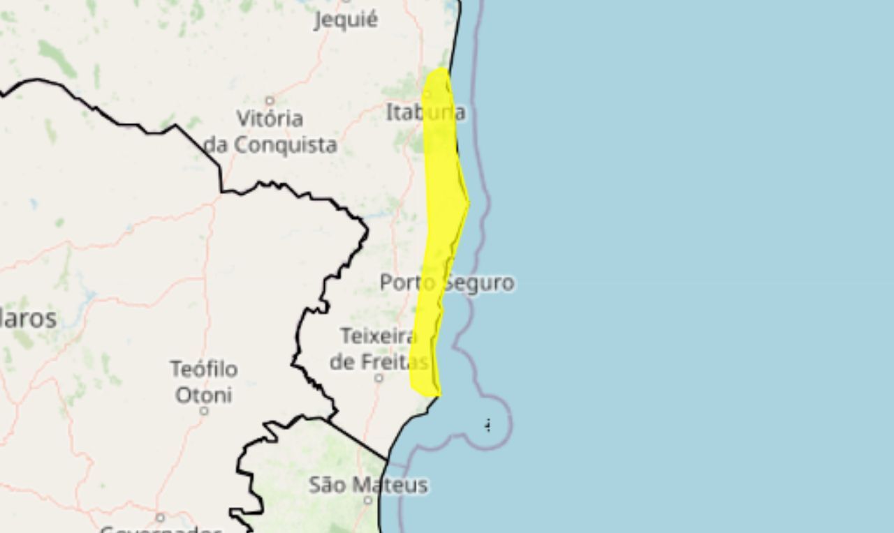 o mapa mostra as áreas em alerta para chuva intensa na Bahia