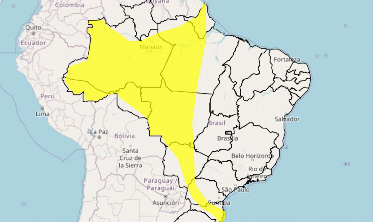 Trata-se de um alerta amarelo para chuvas intensas nas regiões Norte, Centro-Oeste e Sul