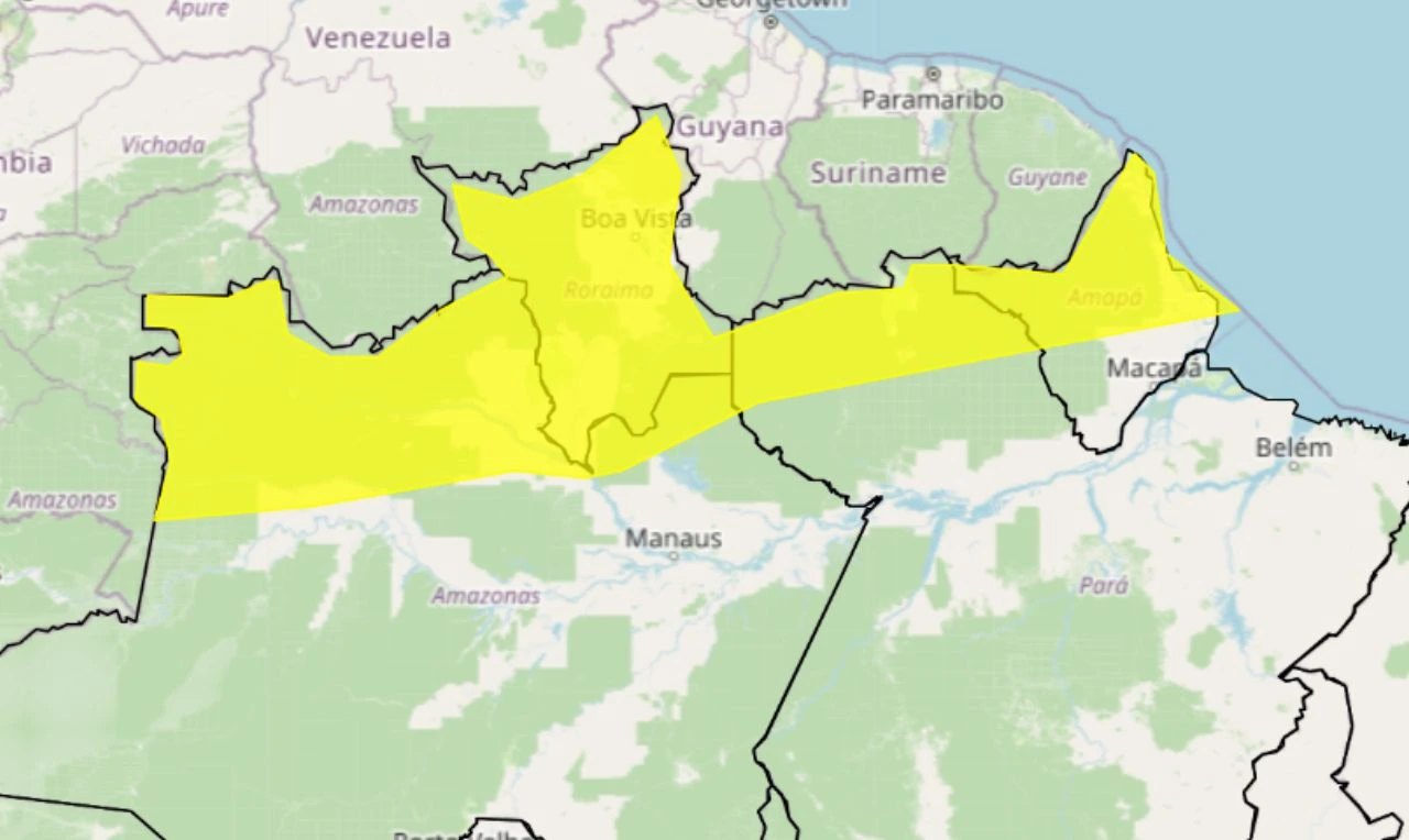 Trata-se de um alerta amarelo para chuvas intensas, ventania e queda de energia em parte da região Norte