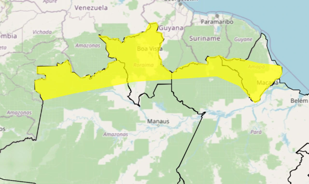 Trata-se de um alerta amarelo para chuvas intensas, ventania e alagamentos em parte da região Norte