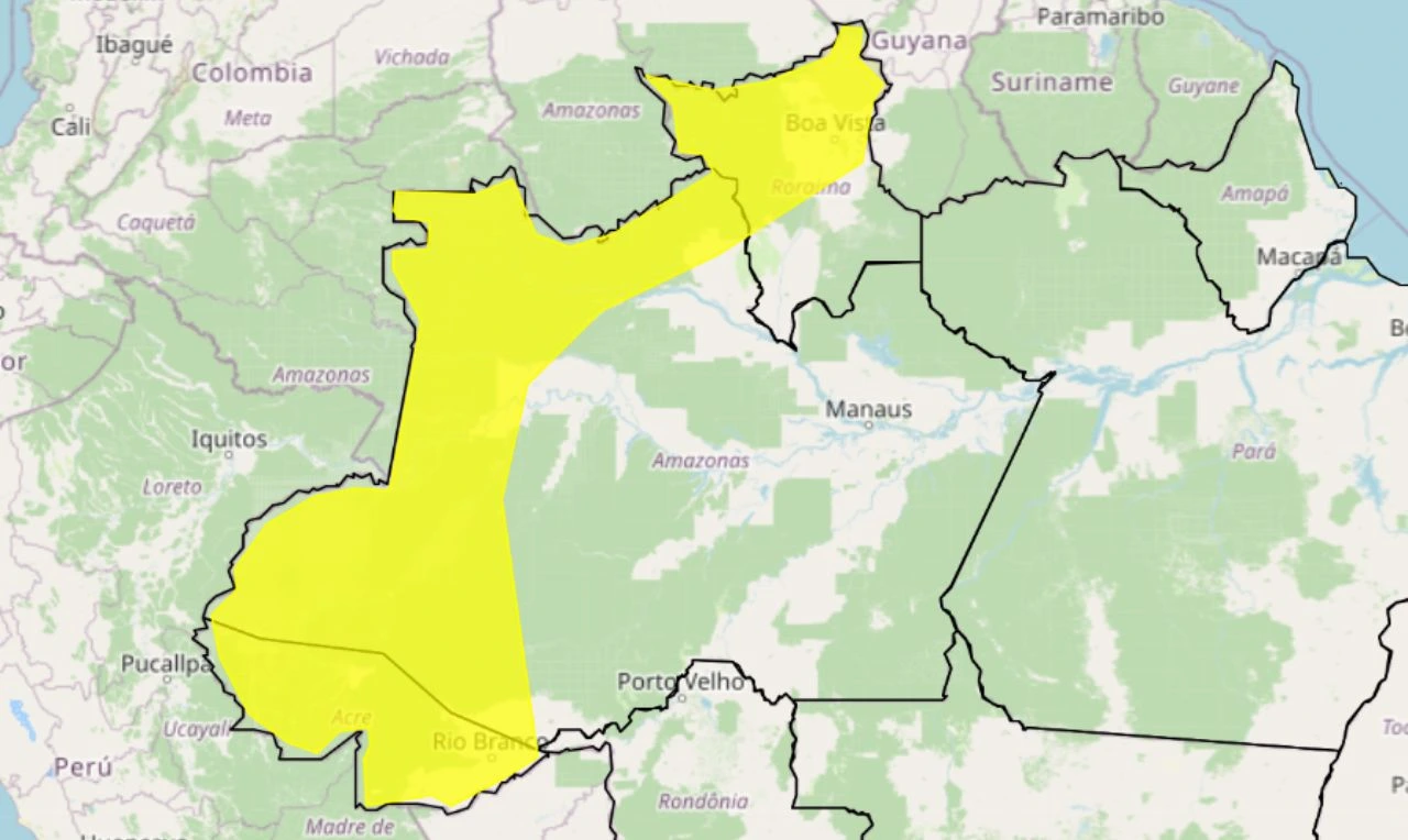 Trata-se de um alerta amarelo para chuvas intensas em parte da região Norte