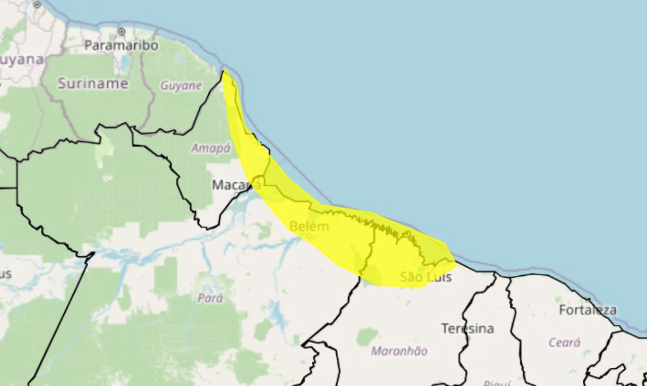 Trata-se de um alerta amarelo para chuvas intensas em partes das regiões Norte e Nordeste