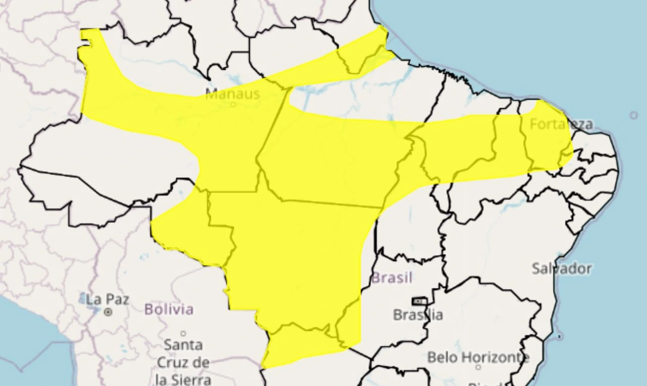 Trata-se de um alerta amarelo para chuva intensa e risco de queda de energia em parte do Norte, Nordeste e Centro-Oeste