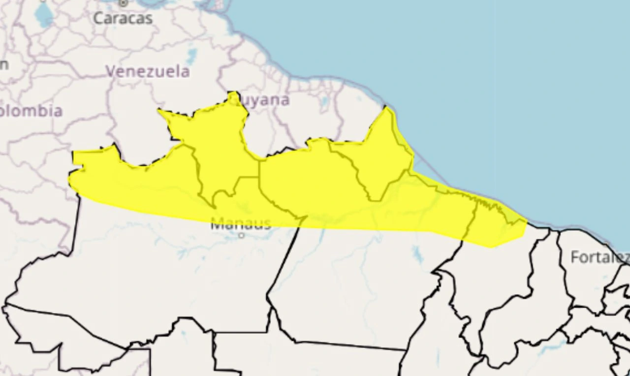 Trata-se de um alerta amarelo para chuva intensa em partes do Norte e Nordeste
