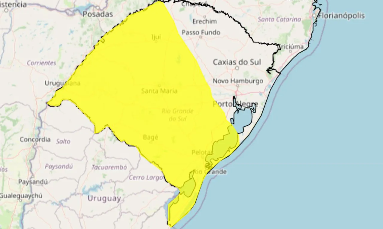 A imagem mostra um alerta amarelo para tempestade com ventos intensos em parte do estado do Rio Grande do Sul