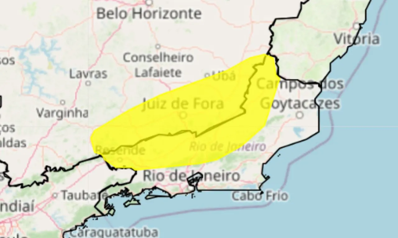 A imagem mostra um alerta amarelo para chuvas intensas e ventania em partes do RJ, SP e MG