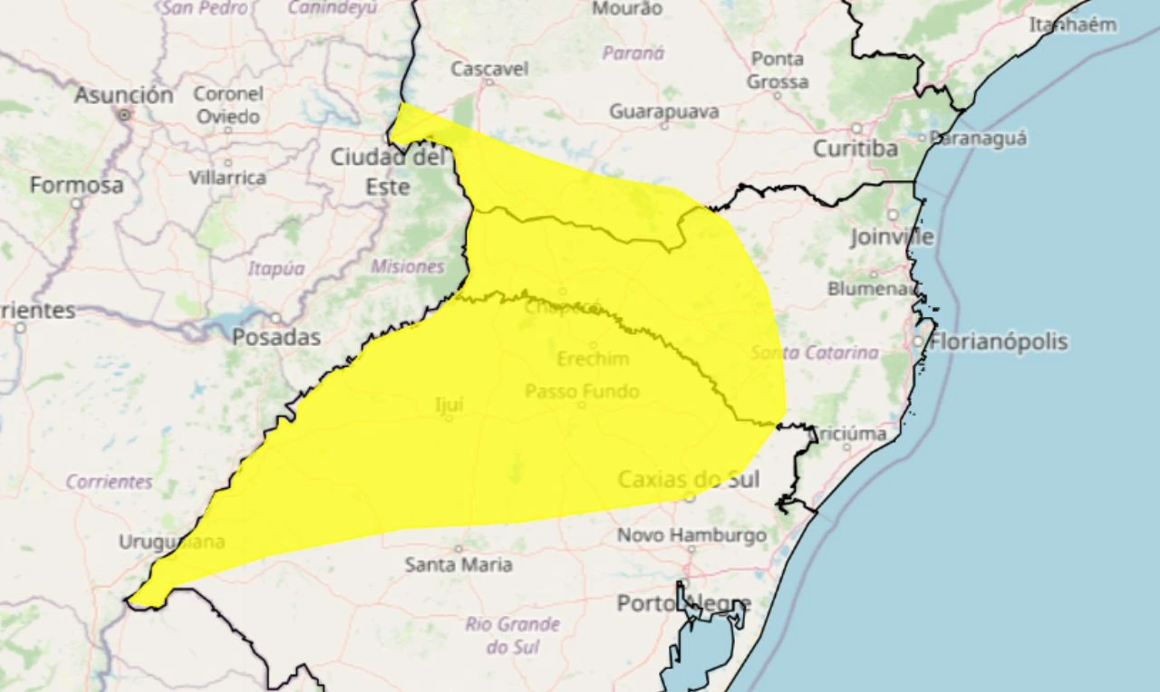 Trata-se de um alerta amarelo para chuvas intensas em parte da região Sul