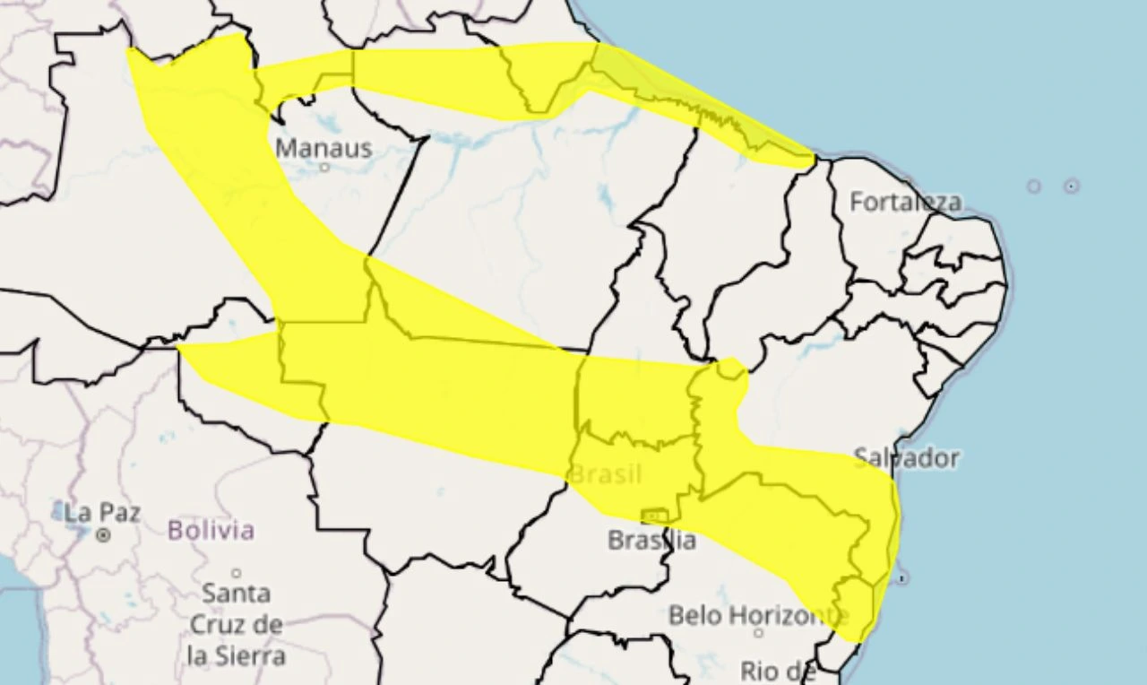 Trata-se de um alerta amarelo para chuvas intensas, ventanias e risco de queda de energia em grande parte do país