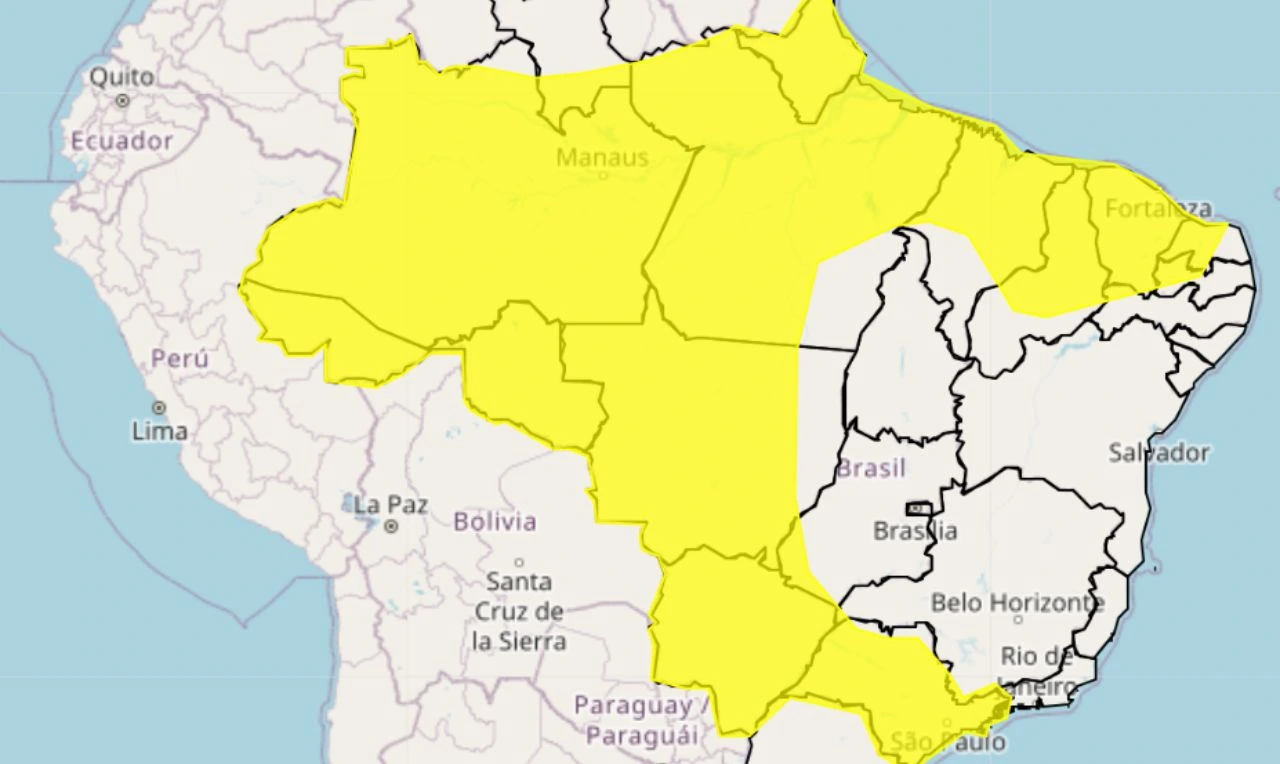 Trata-se de um alerta amarelo para chuva intensa e ventania em grande parte do Brasil