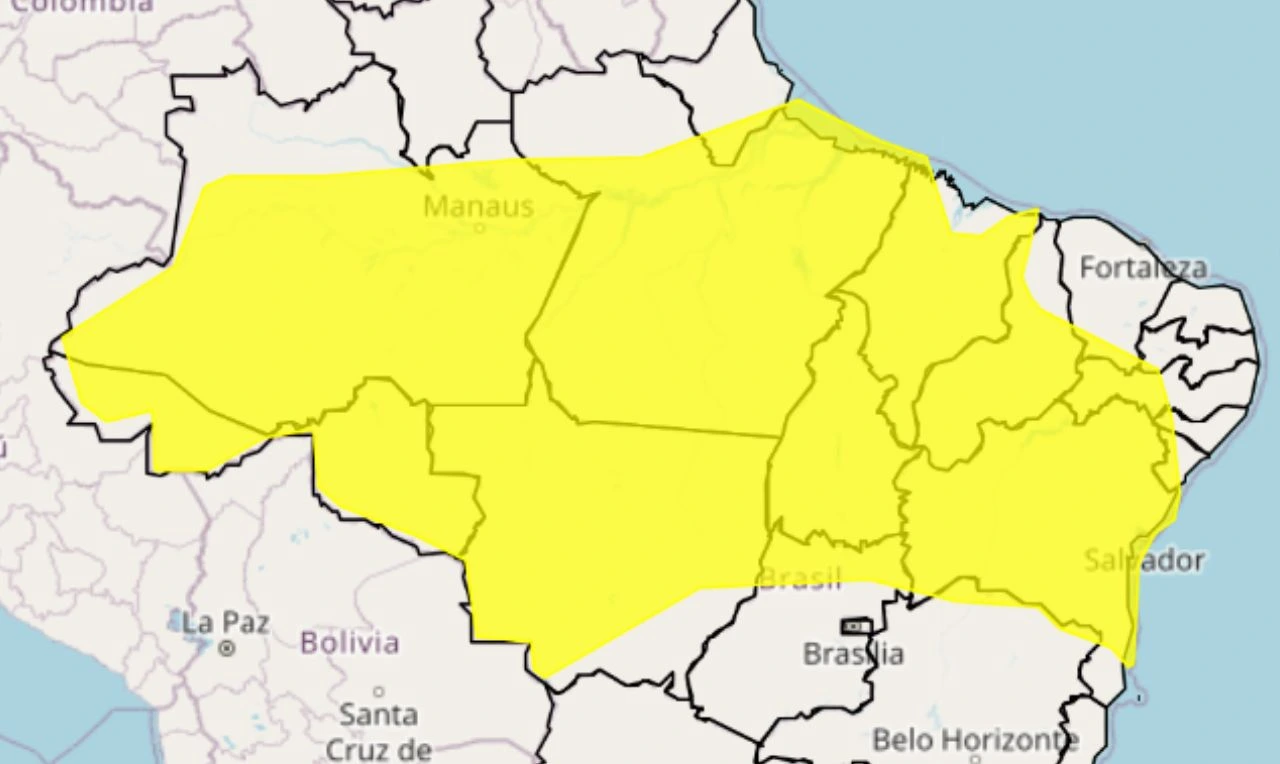 Trata-se de um alerta amarelo para chuvas intensas, ventania, e rico de alagamento em grande parte do país