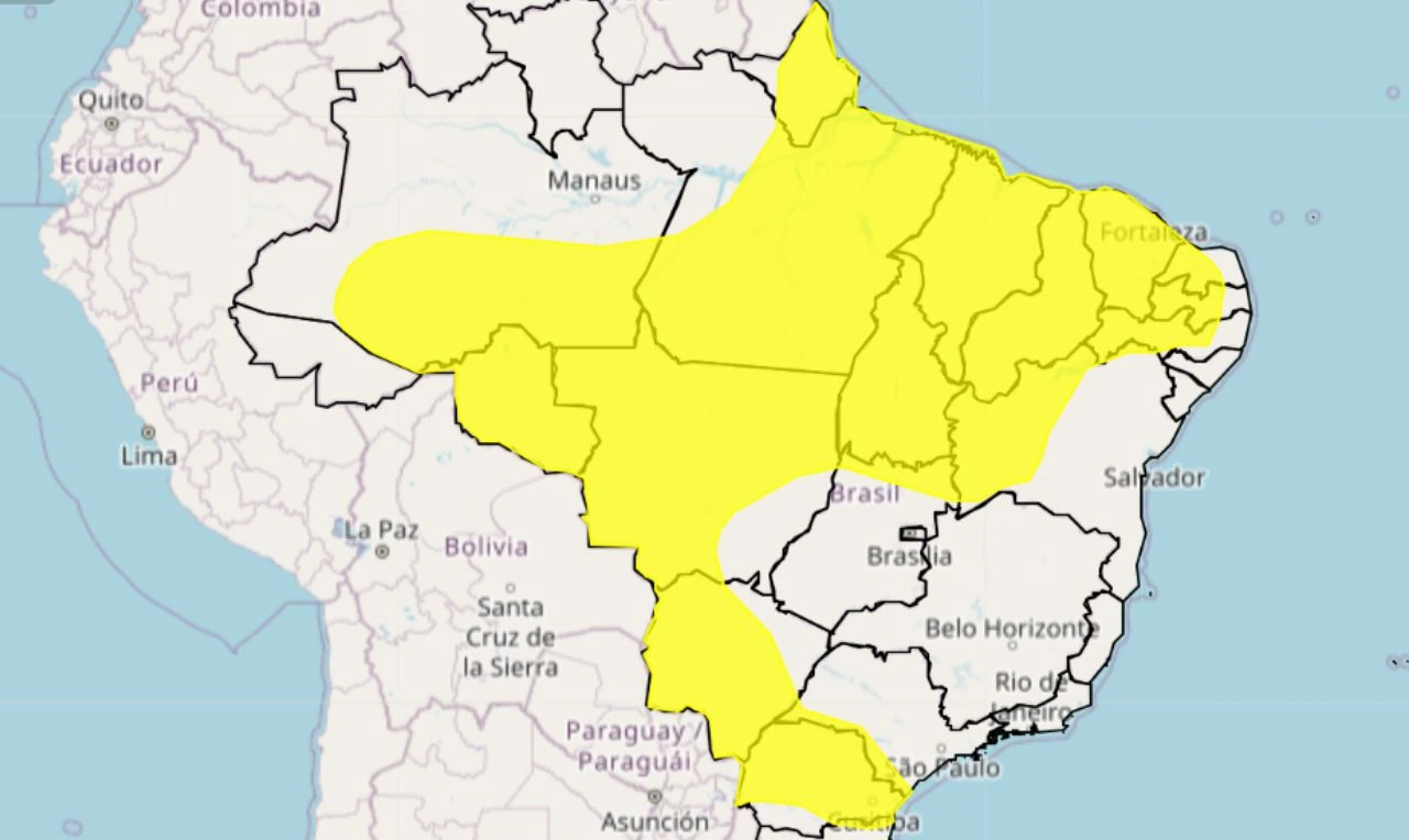 Trata-se de um alerta amarelo para chuva intensa, ventania e alagamentos em grande parte do país