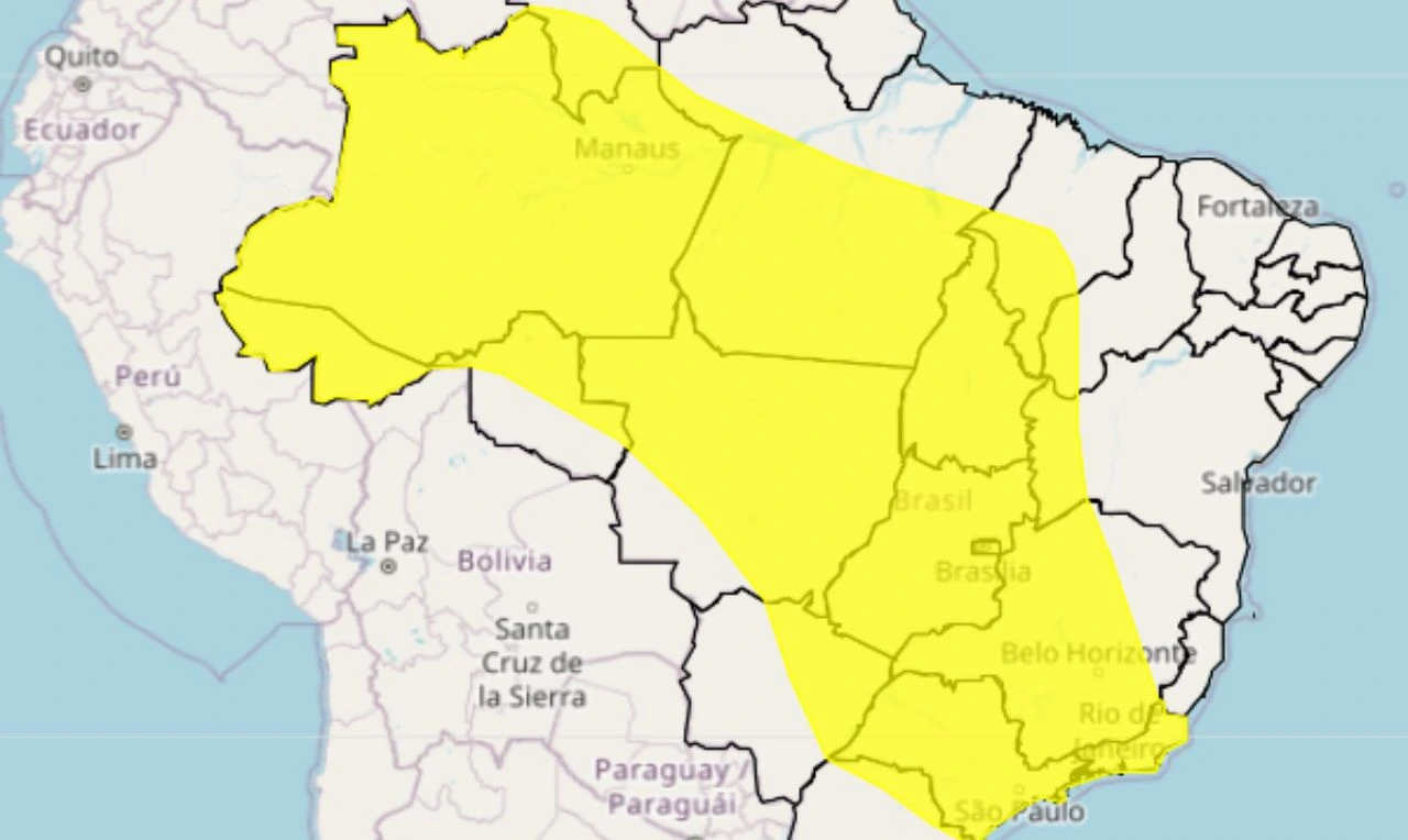 Trata-se de um alerta amarelo para chuva intensa, ventania e risco de alagamento em grande parte do país