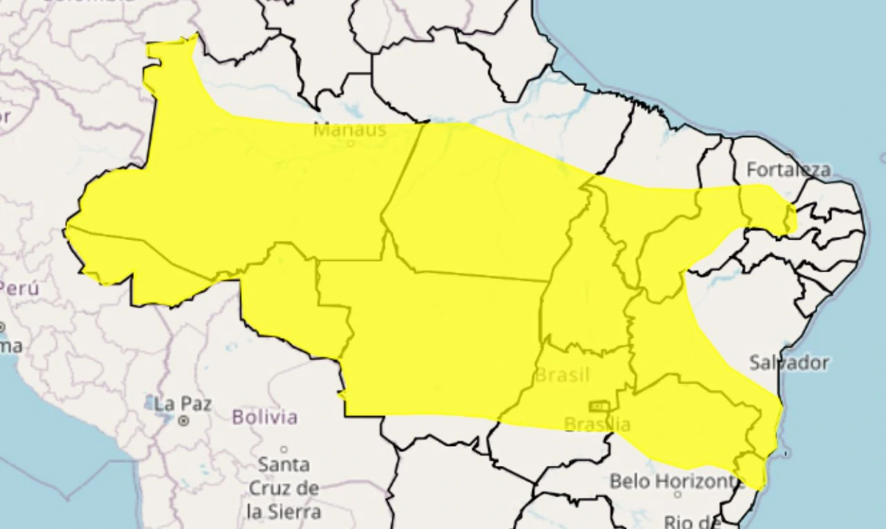 Trata-se de um alerta amarelo para chuvas intensas, ventania e risco de alagamentos em grande parte do país