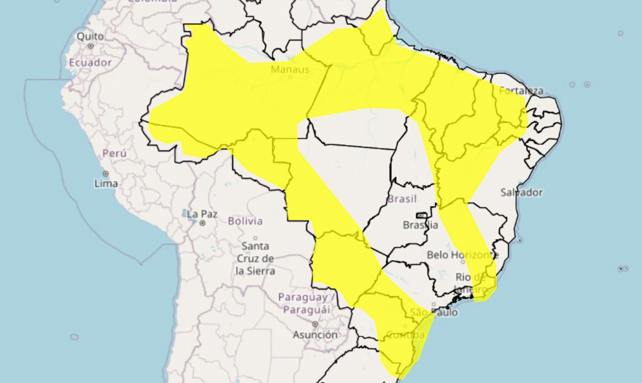Trata-se de um alerta amarelo para chuvas intensas e ventania em grande parte do país