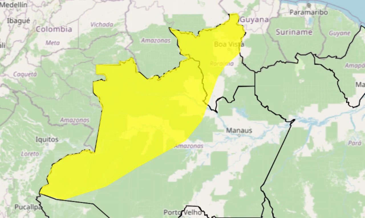 Trata-se de um alerta amarelo para chuvas intensas, ventania e risco de alagamento em parte da região Norte