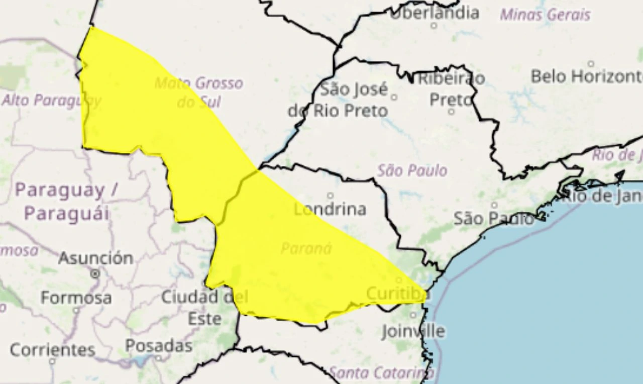 Trata-se de um alerta amarelo para chuvas intensas, ventania e risco de alagamentos em partes de MS, PR e SC