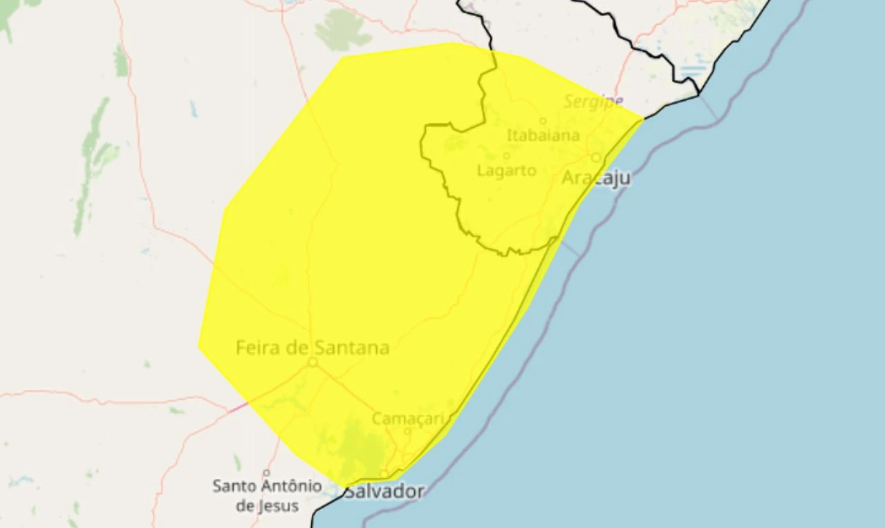 Trata-se de um alerta amarelo para chuvas intensas, ventania e alagamentos em partes da Bahia e Sergipe