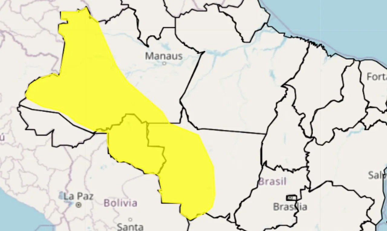 Trata-se de um alerta amarelo para chuvas intensas, ventania e risco de alagamentos em partes do Norte e Centro-Oeste