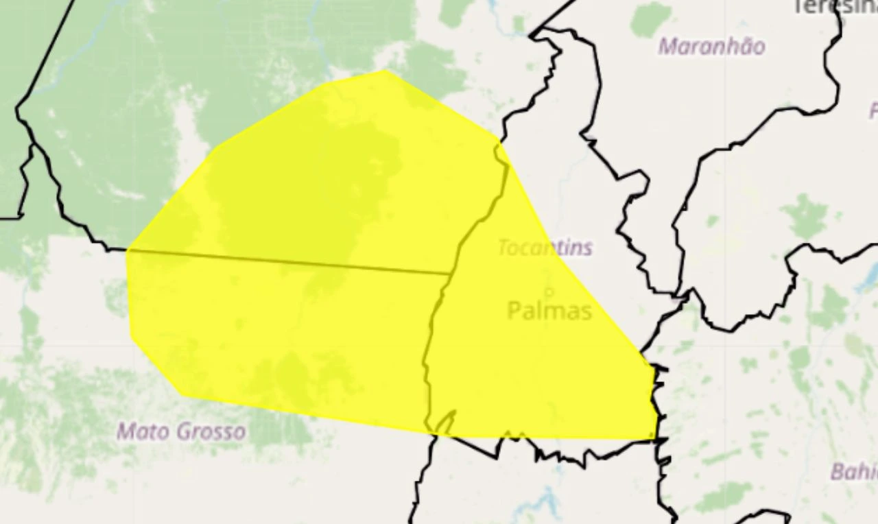 A imagem mostra um alerta amarelo para chuvas intensas, ventania e possíveis alagamentos em parte do Norte e Centro-Oeste do País
