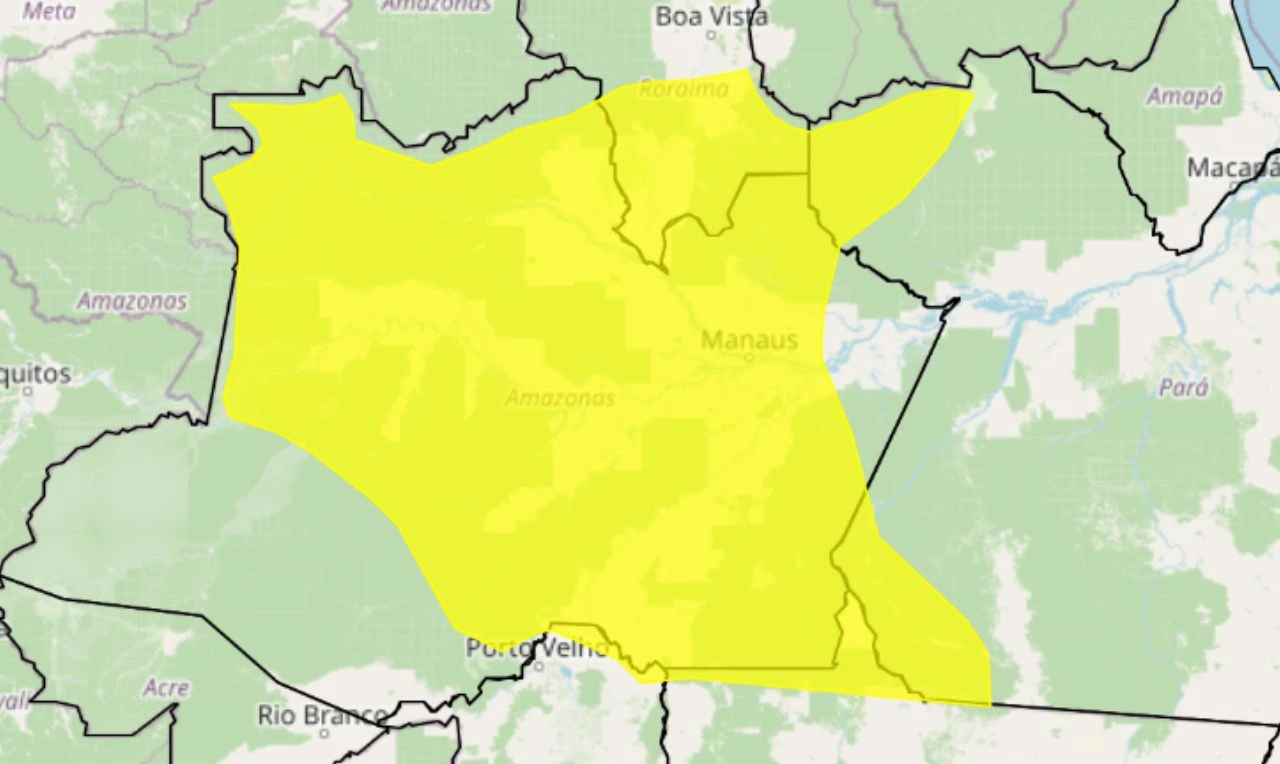 Trata-se de um alerta amarelo para chuvas intensas, ventania e alagamento em partes do Norte e Centro-Oeste