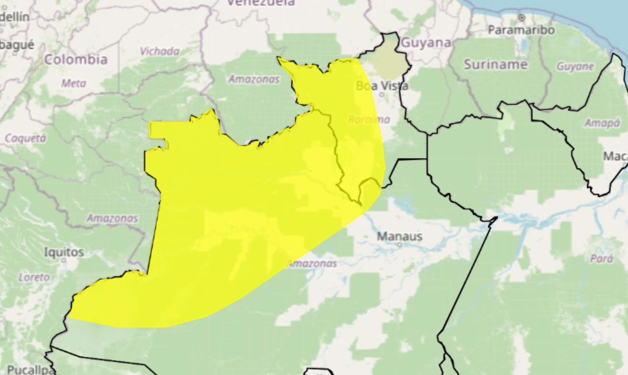 Trata-se de um alerta amarelo para chuvas intensas, ventania e risco de alagamentos em parte do Norte
