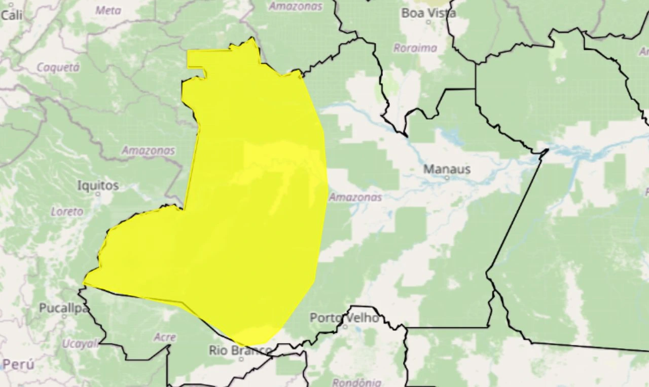 Trata-se de um alerta amarelo para chuvas intensas, ventania e risco de alagamentos