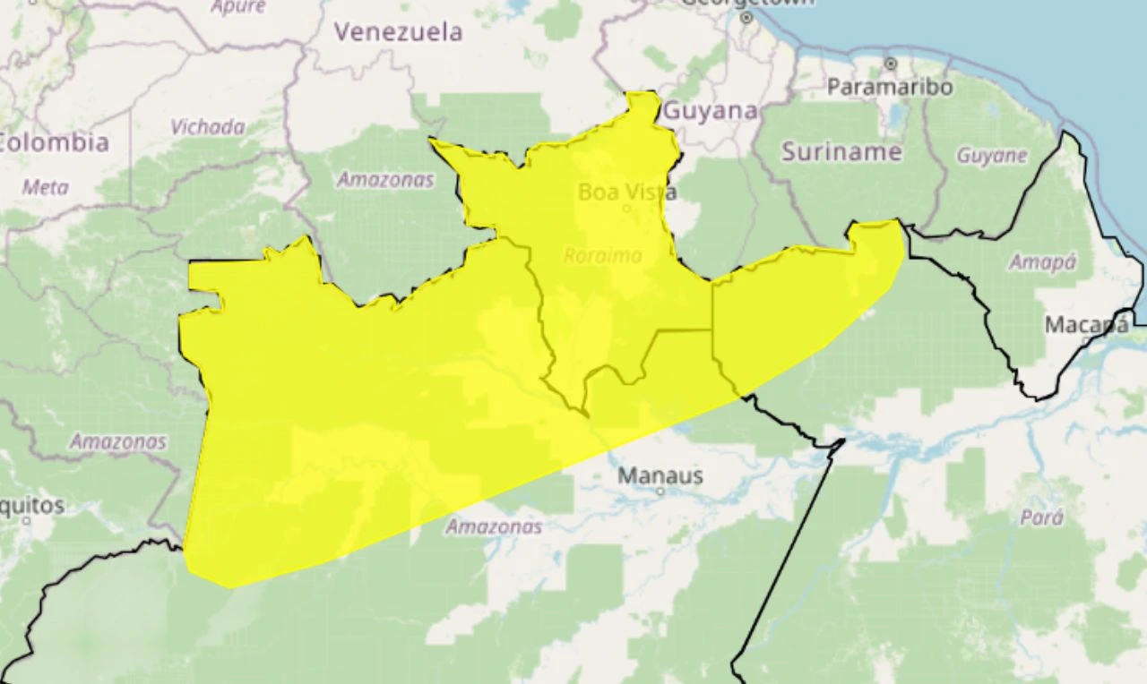 Trata-se de um alerta amarelo para chuvas intensas, ventania e risco de alagamento em parte da região Norte