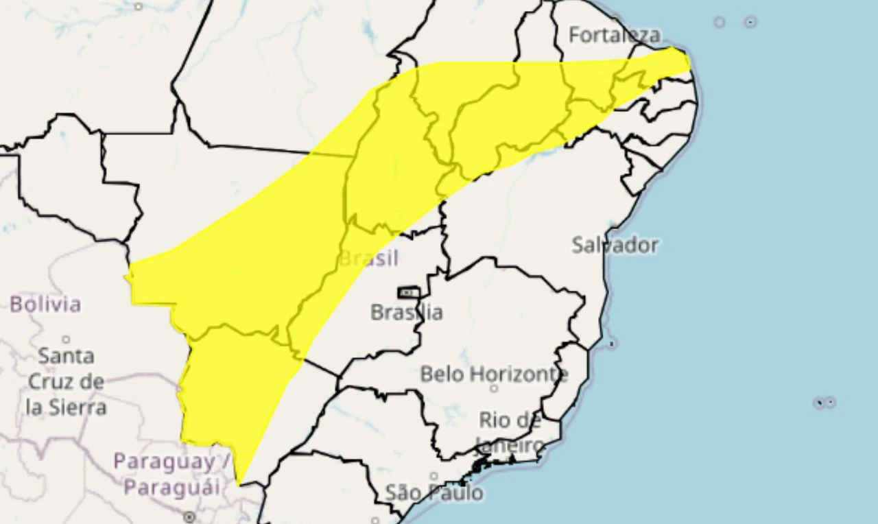 Trata-se de um alerta amarelo para chuva intensa, ventania e alagamento nas regiões Norte, Nordeste e Centro-Oeste