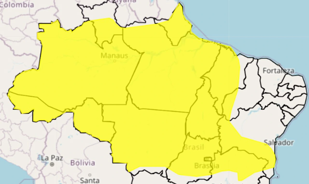 Trata-se de um alerta amarelo para chuvas e ventos intensos nas regiões Norte, Nordeste, Centro-Oeste e Sudeste do país