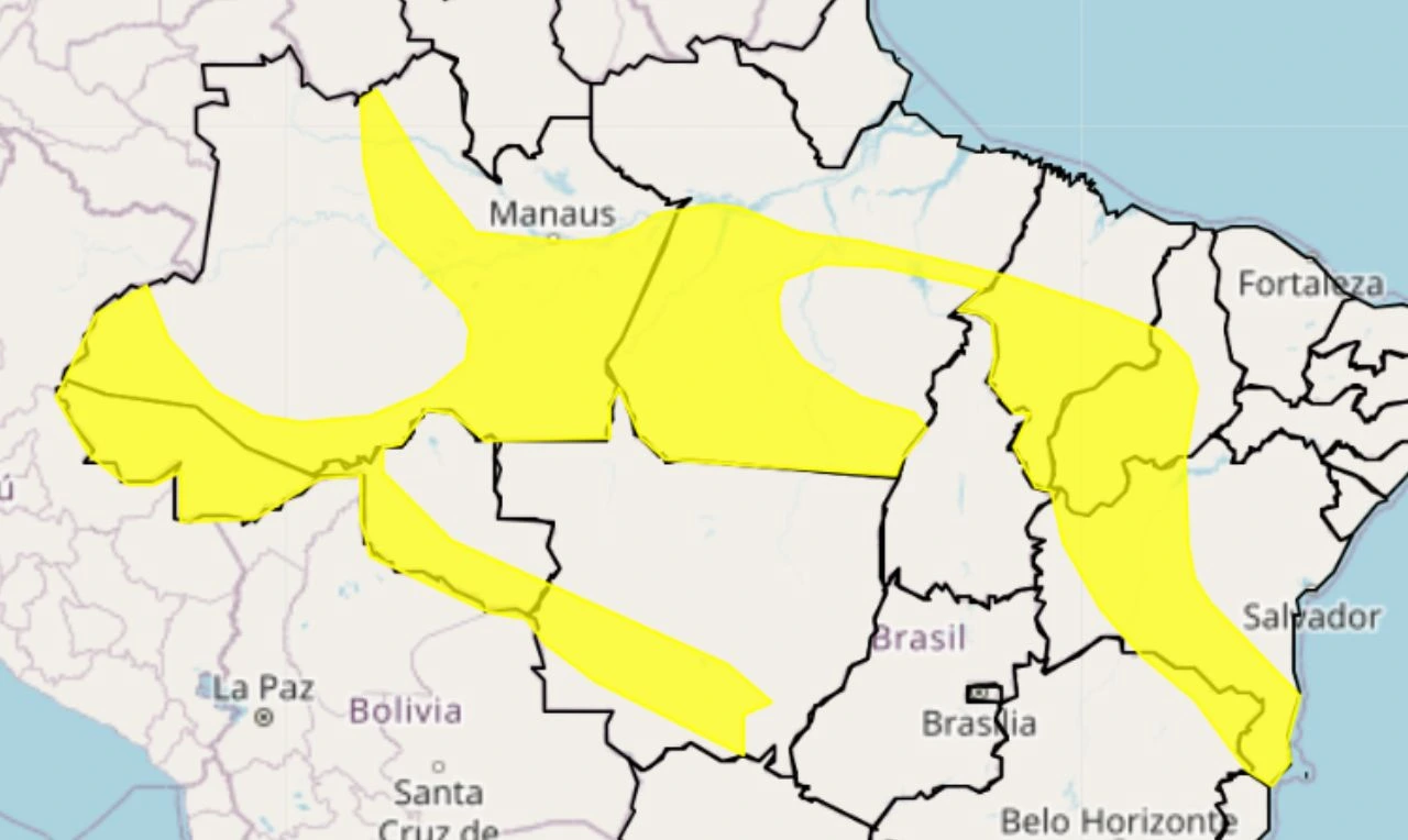 A imagem mostra um alerta amarelo para chuvas intensas e ventania em partes do Norte, Nordeste, Centro-Oeste e Sudeste