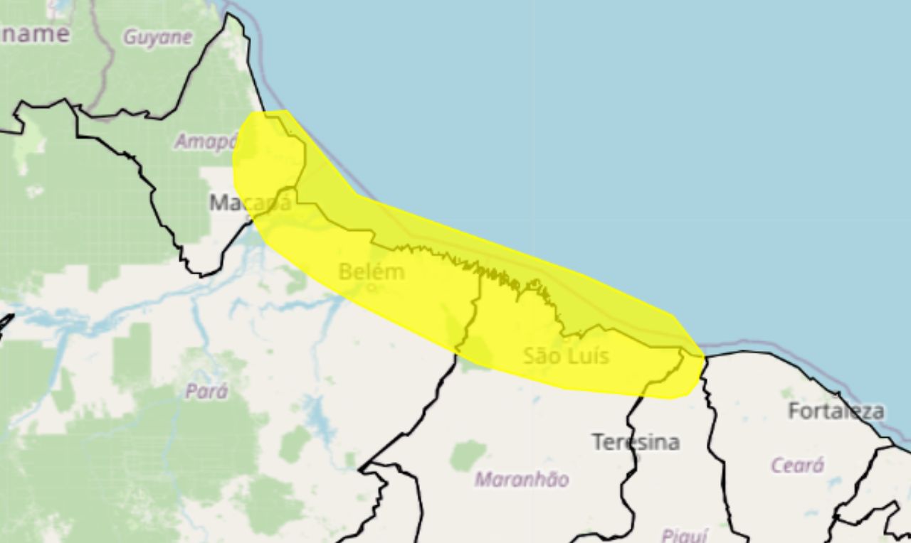 Trata-se de um alerta amarelo para chuvas intensas em partes do Norte e Nordeste