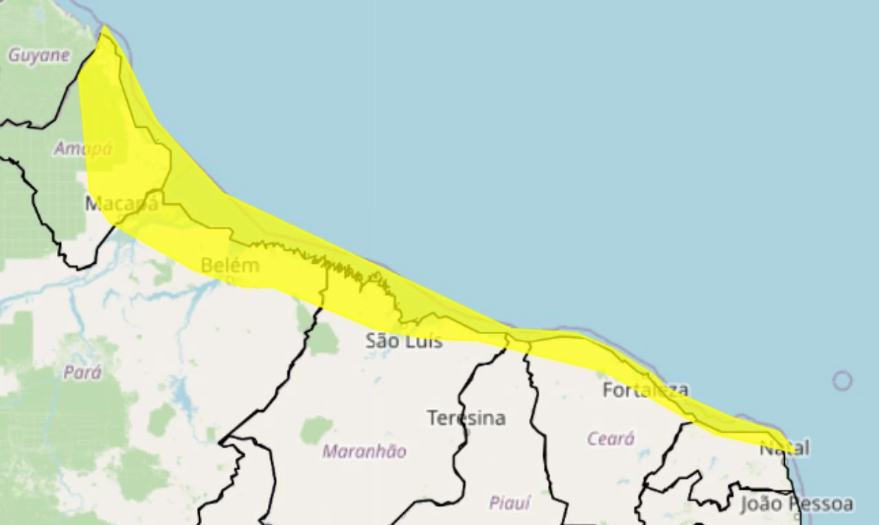 Trata-se de um alerta amarelo para chuvas intensas, ventanias e risco de alagamentos em parte das partes Norte e Nordeste