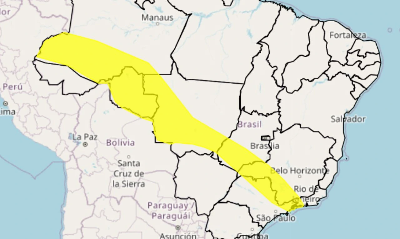 Trata-se de um alerta amarelo para chuvas intensas em partes do Norte, Centro-Oeste e Sudeste