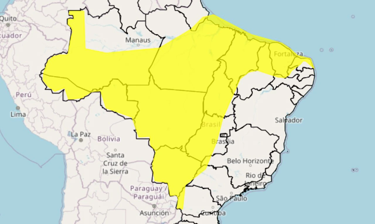 Trata-se de um alerta amarelo para chuvas intensas em grande parte do país