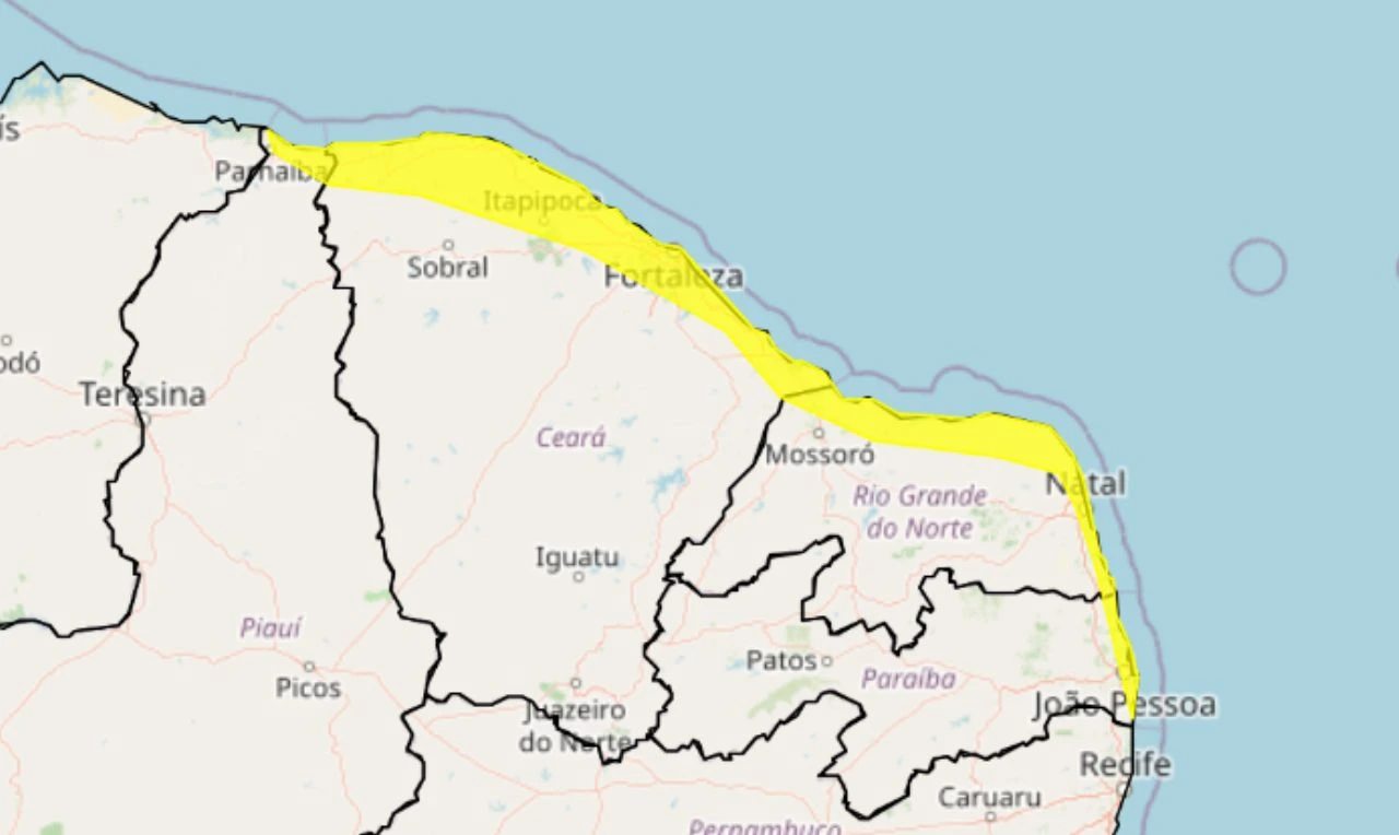 Trata-se de um alerta amarelo para chuvas intensas, ventanias, com risco de raios e alagamentos na região Nordeste