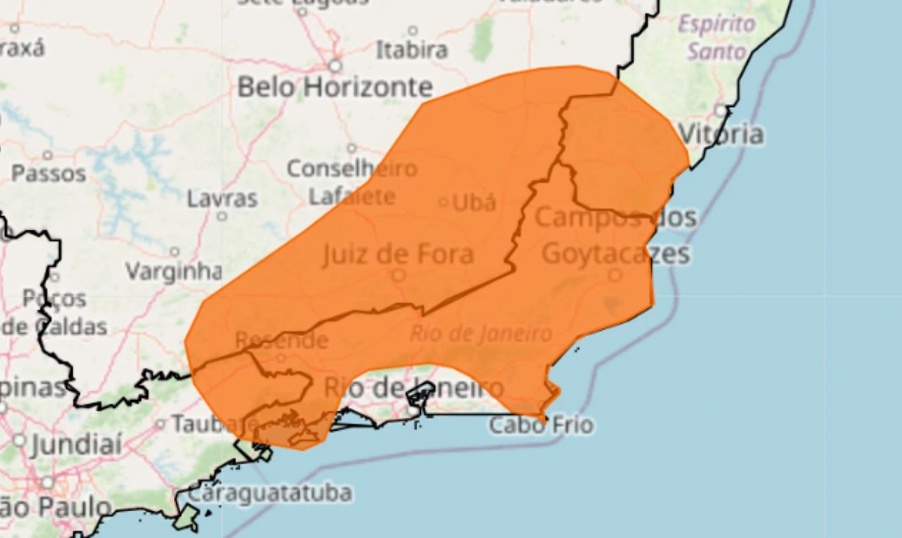 A imagem mostra um alerta laranja para chuvas intensas e ventania, com risco de alagamentos em partes da região Sudeste