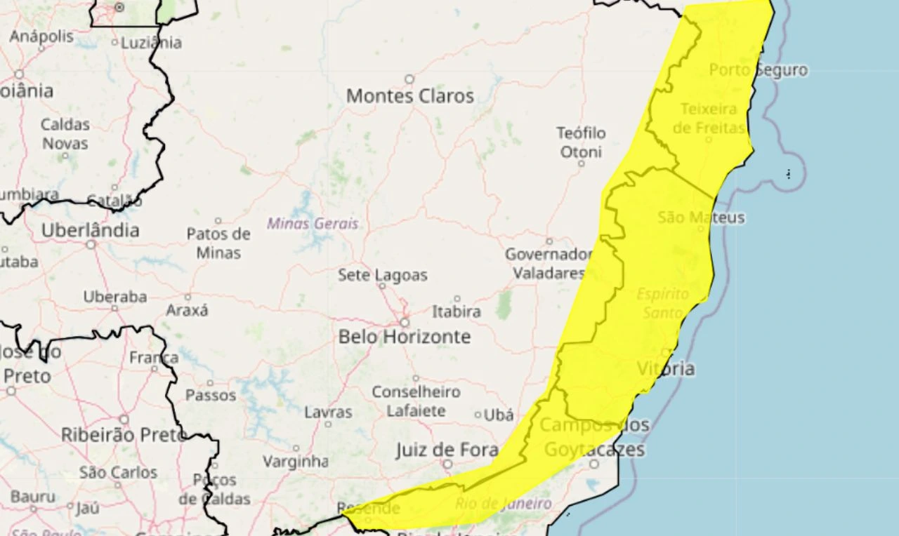 Trata-se de um alerta amarelo para chuva intensa e ventania, com risco de alagamento em partes do Sudeste e Nordeste