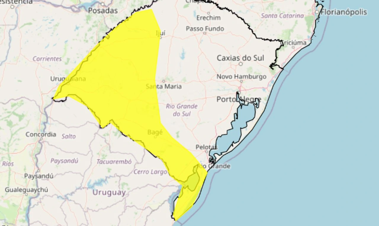 Trata-se de um alerta amarelo para chuva intensa em parte do Rio Grande do Sul