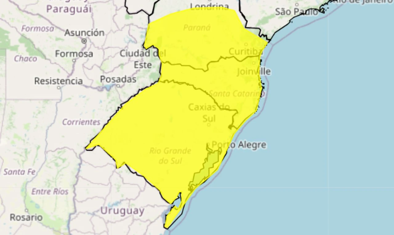 A imagem mostra um alerta amarelo para chuva intensa e ventania em grande parte da região Sul