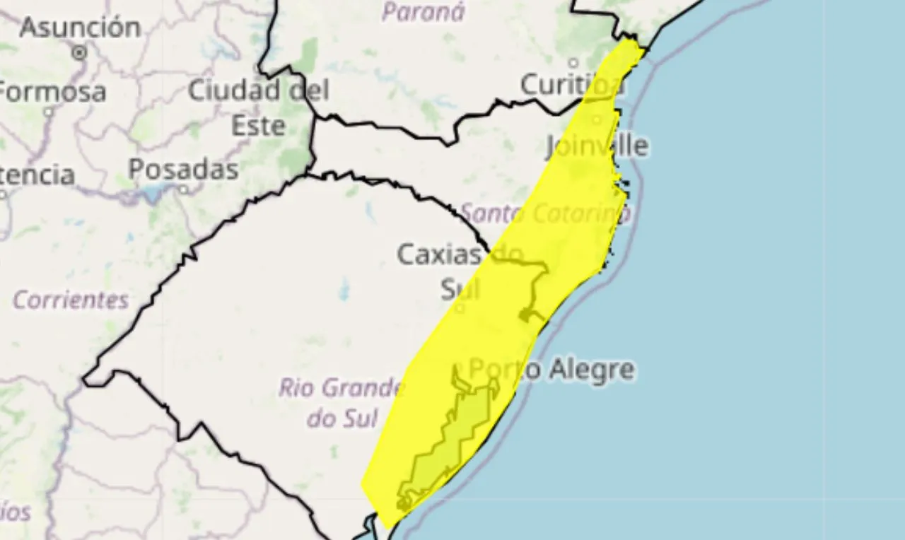 A imagem mostra alerta laranja para chuva intensa, ventania e possibilidade de alagamentos na região sul do país