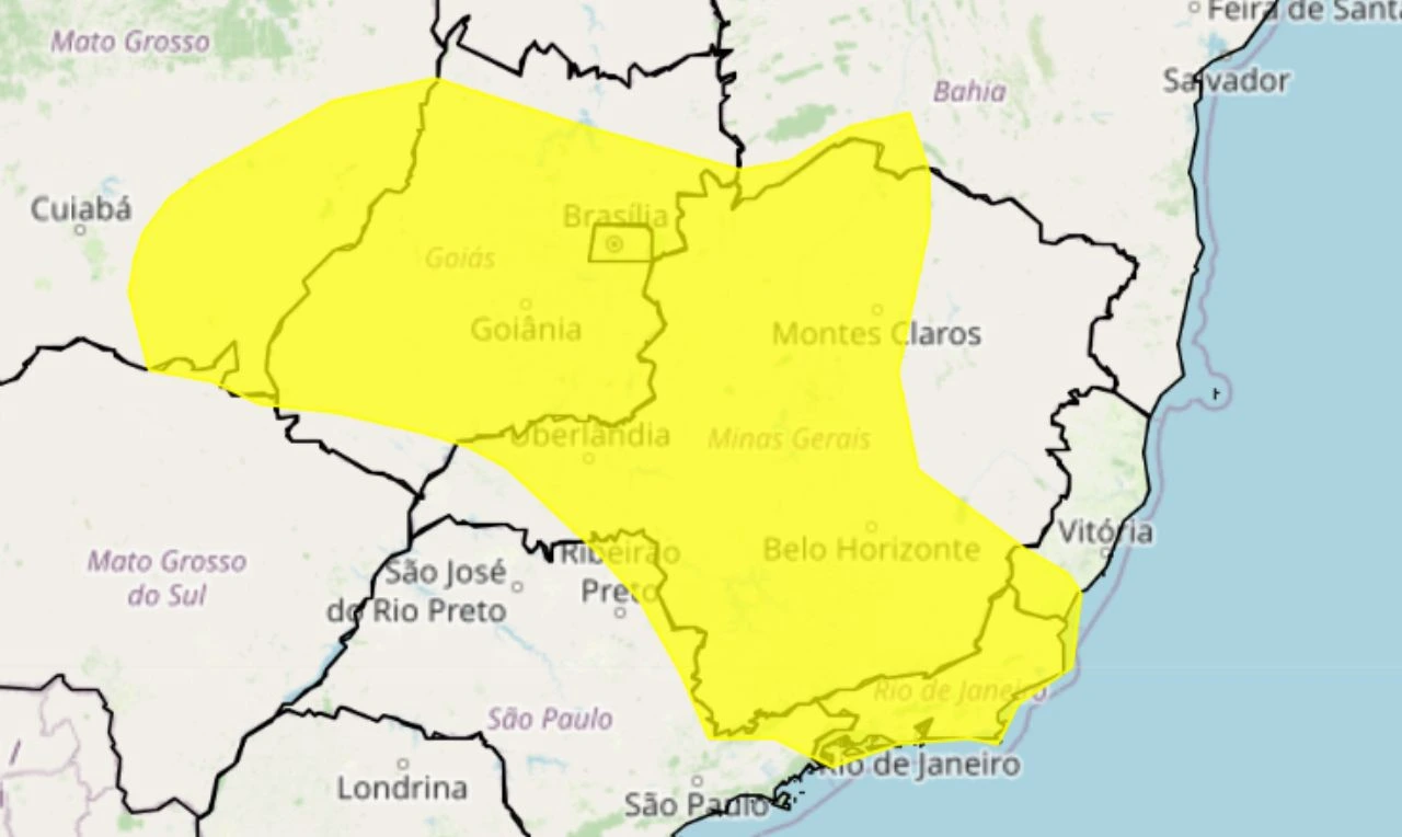 Trata-se de um alerta amarelo para chuva intensa e ventania para partes do Nordeste, Centro-Oeste e Sudeste
