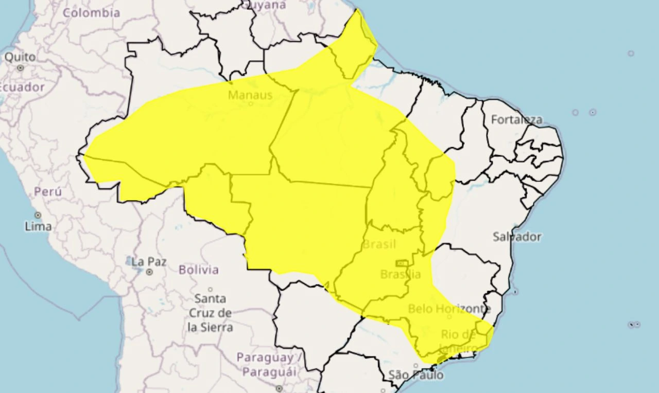 Trata-se de um alerta amarelo para chuvas intensas, ventania e risco de queda de energia em grande parte do país