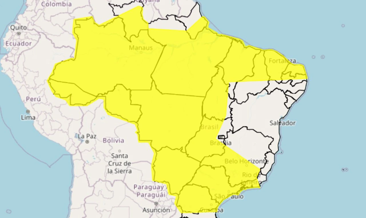 Trata-se de um alerta amarelo, para chuvas intensas, ventania e risco de queda de energia em grande parte do país