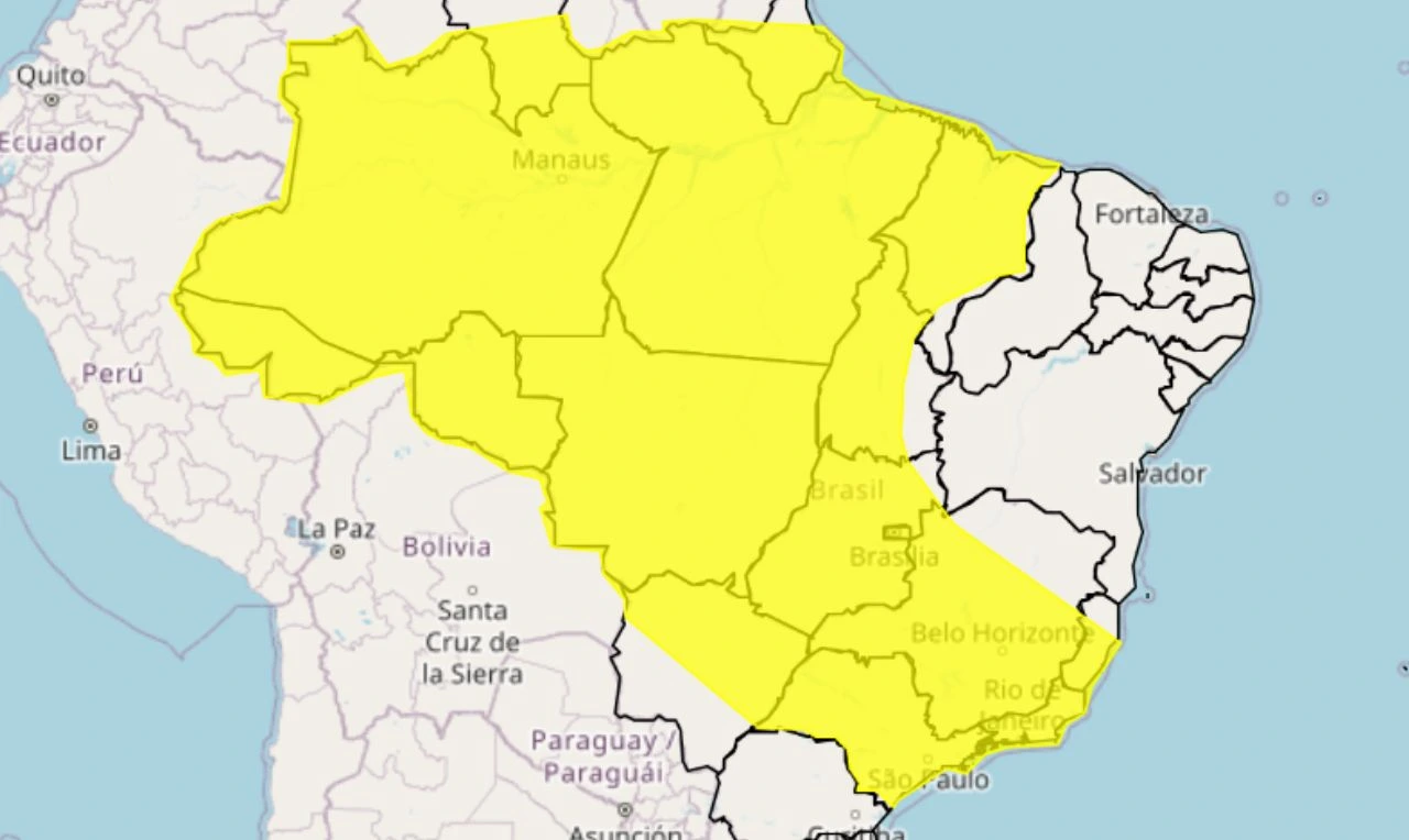 Trata-se de um alerta amarelo para chuvas intensas, ventania e risco de queda de energia em grande parte do país