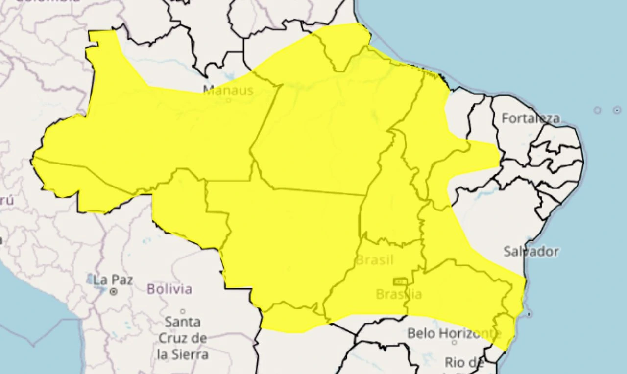Trata-se de um alerta amarelo para chuvas intensas, ventania e risco de queda de energia em grande parte do país