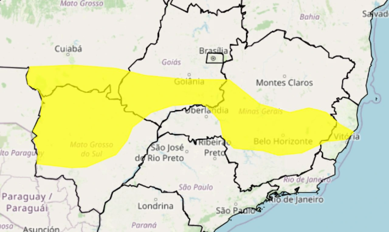 trata-se de alerta amarelo para chuvas intensas, ventania e risco de queda de energia em parte do Centro-Oeste e Sudeste