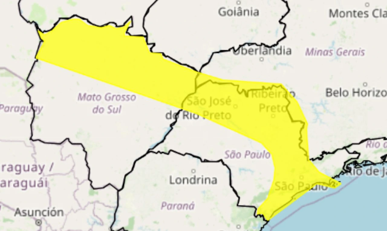 Trata-se de um alerta amarelo para chuvas intensas, ventania e queda de energia em parte de MS, MG e SP